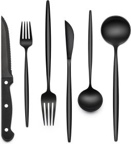 24-Piece Black Silverware Set with Steak Knives, Black Flatware Set for 4, Food-Grade Stainless Steel Tableware Cutlery Set